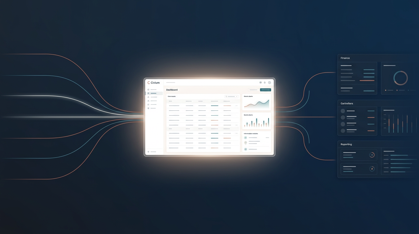 Field data flows through a unified Civium dashboard into clean finance and reporting views.