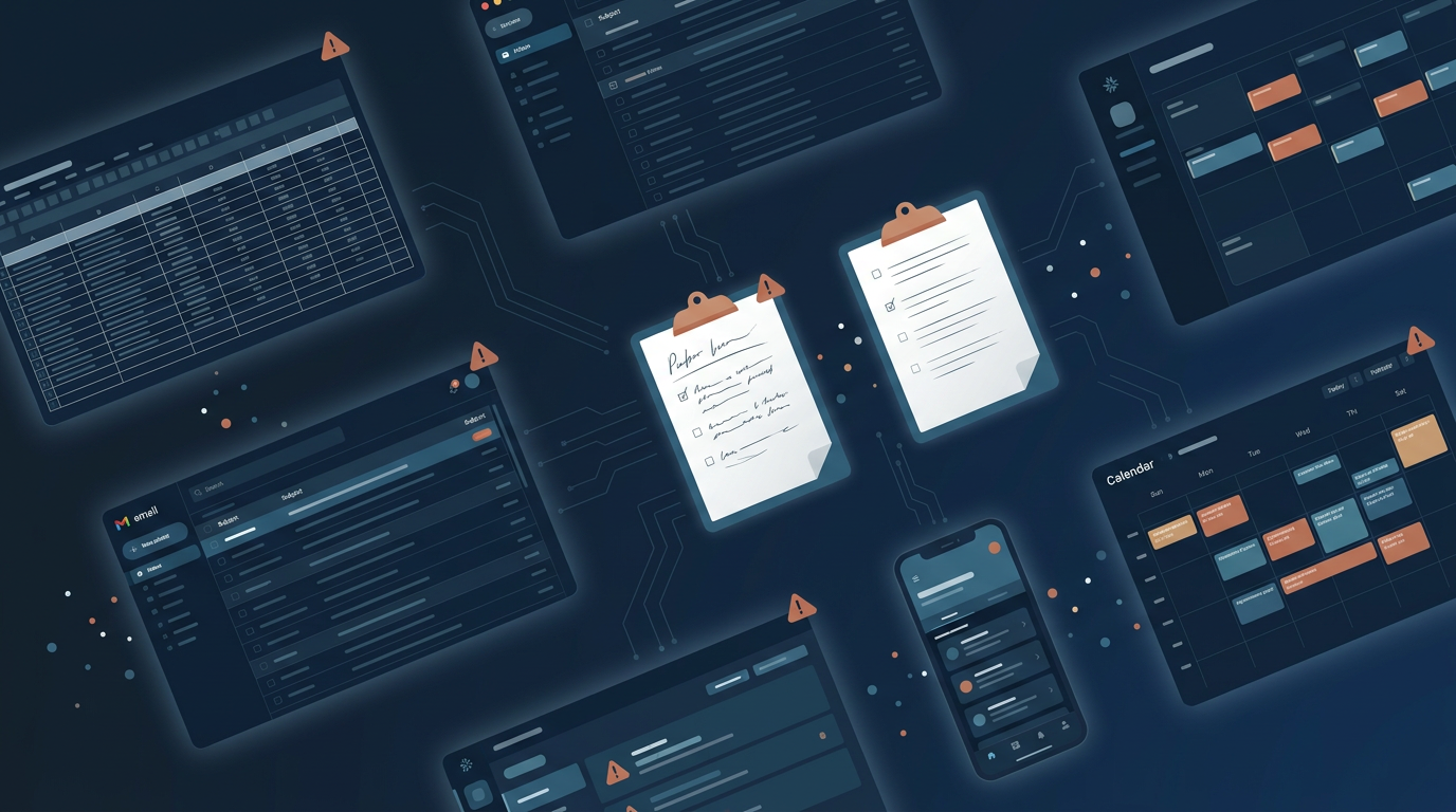 Scattered disconnected tools: spreadsheets, email, paper forms with no connecting threads.