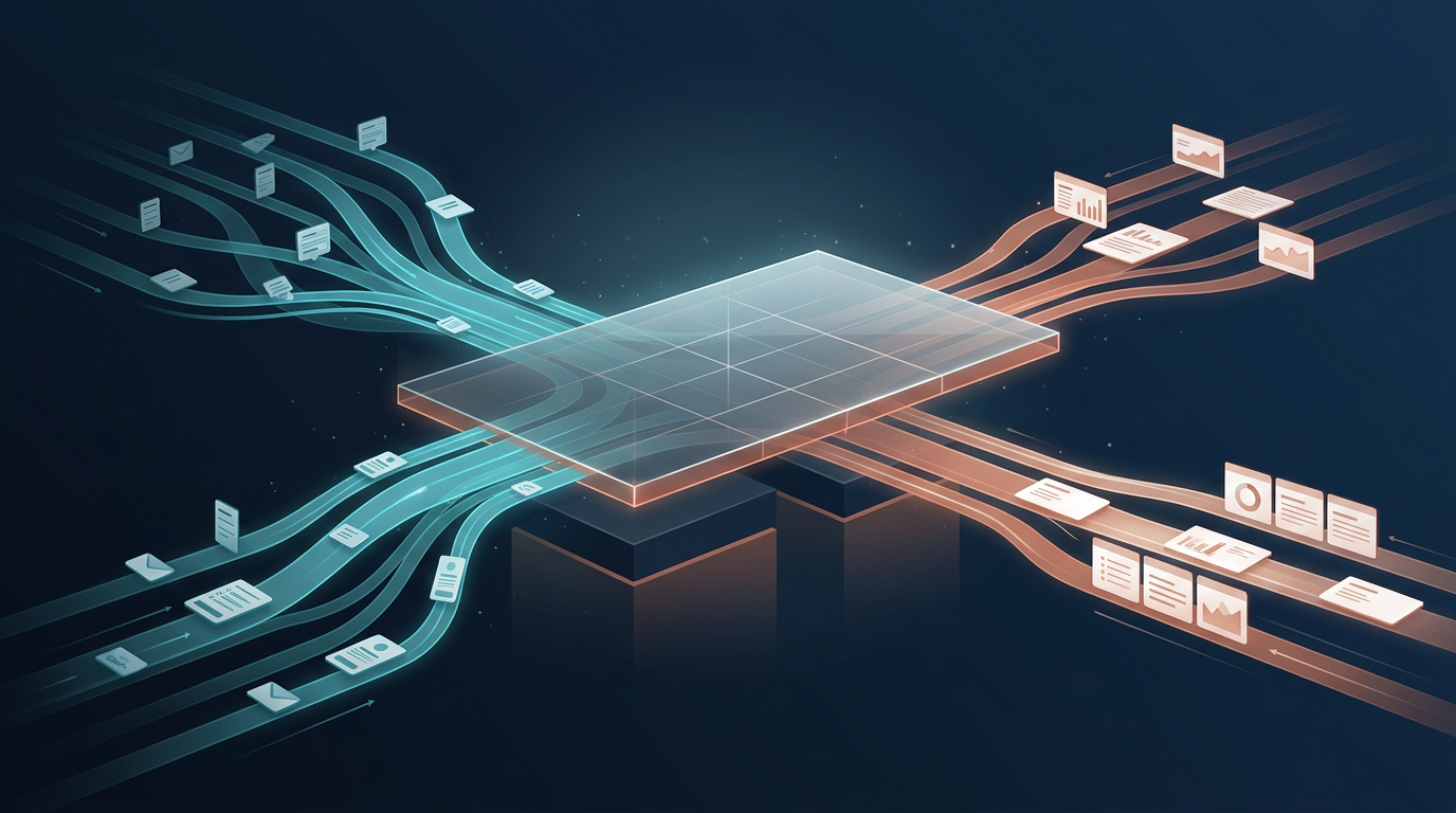 Data input streams flow through a translucent Civium coordination platform into organized output reports.
