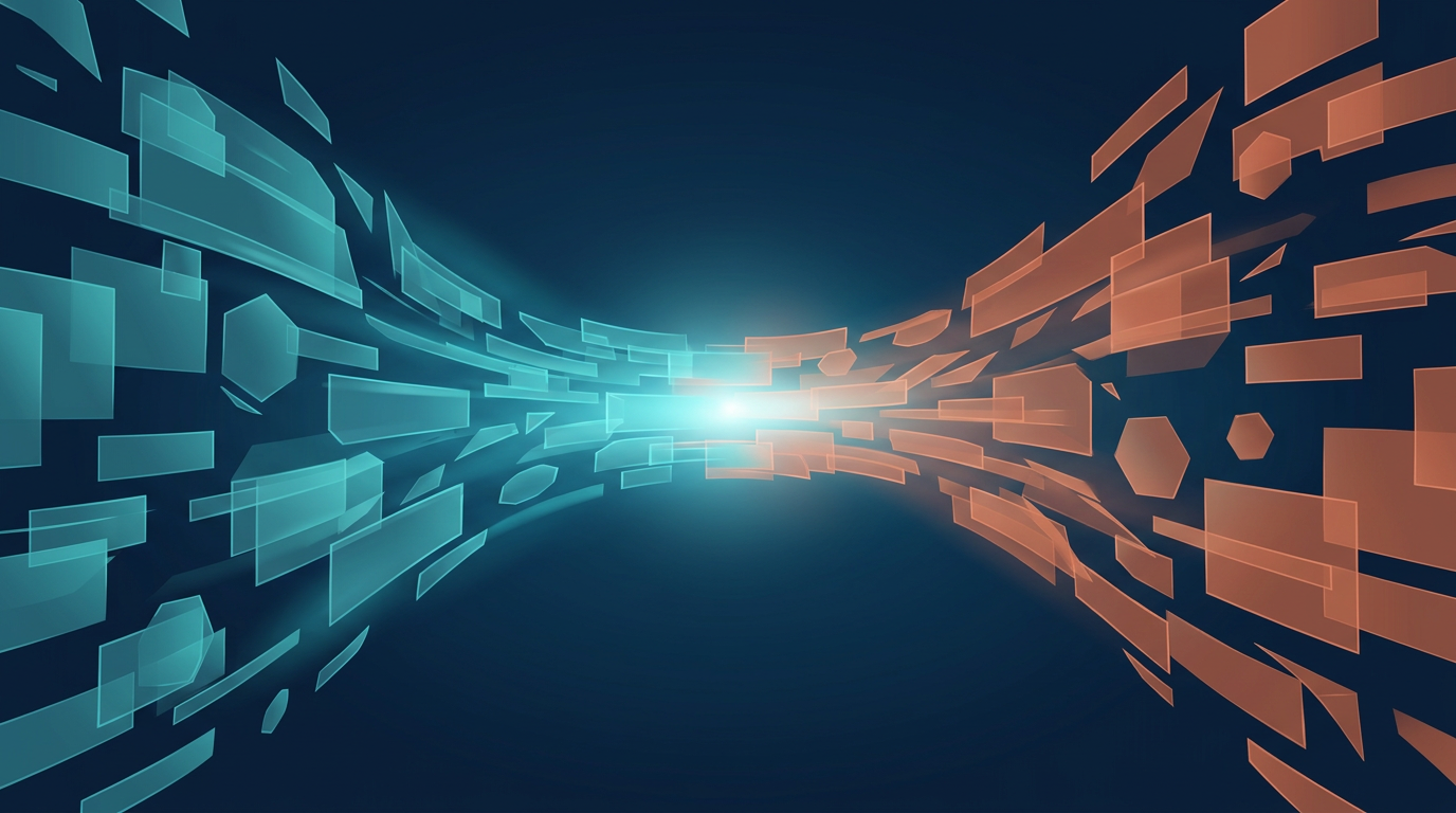 Two data streams converge: field operations in teal from the left and finance records in terracotta from the right merge into one unified view at center.