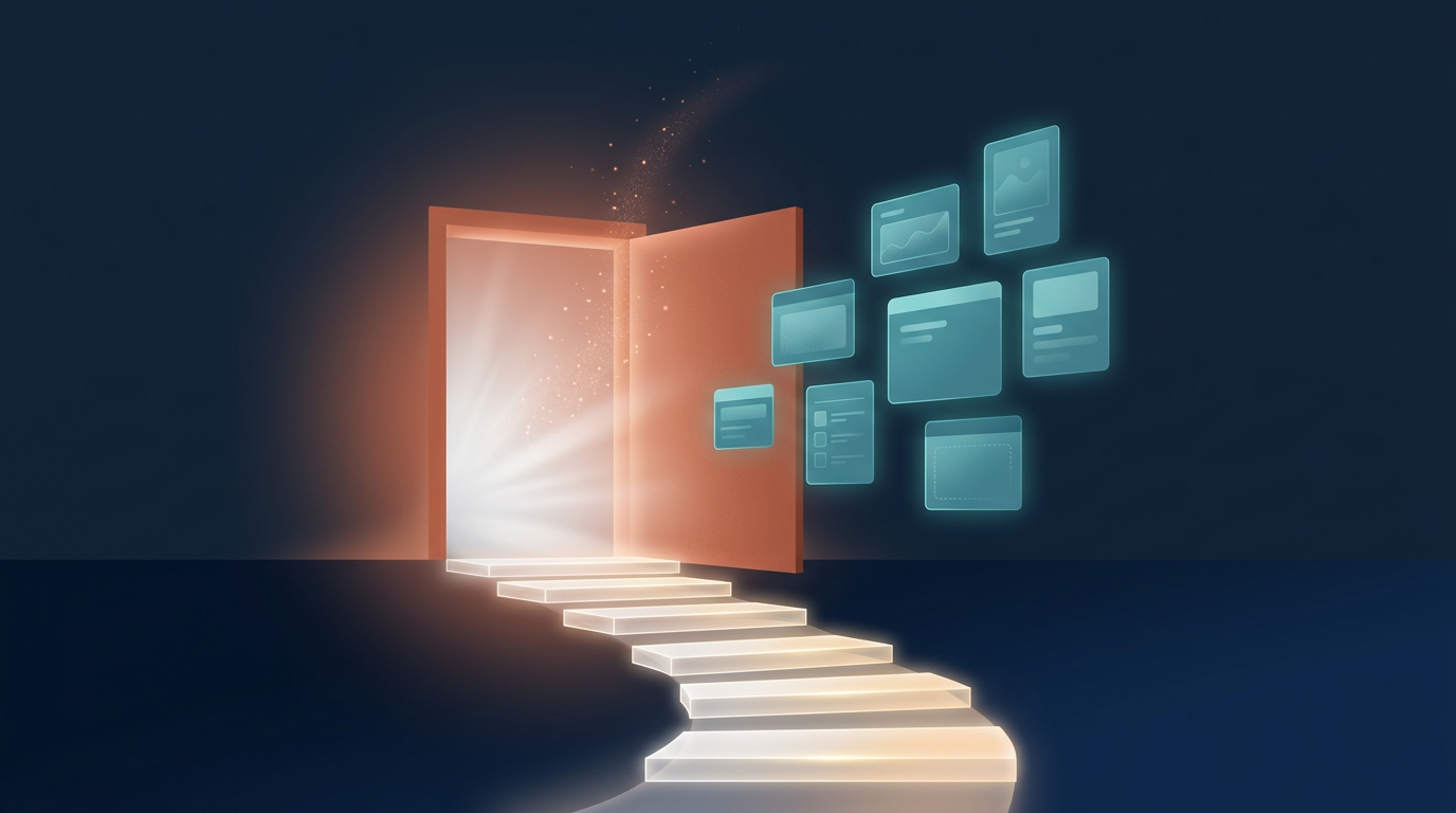 A luminous terracotta doorway with ascending steps leads to floating teal interface cards — the path to early access tools built for your mission.