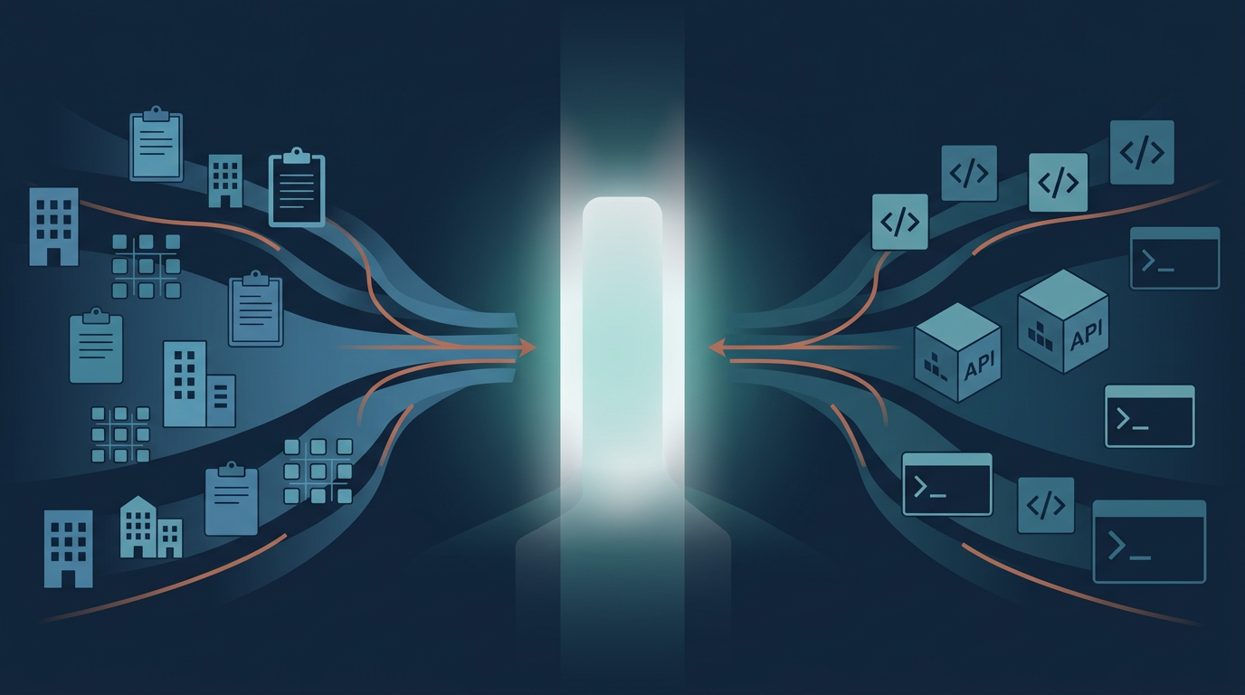 Two communities converge through a central gateway of light.