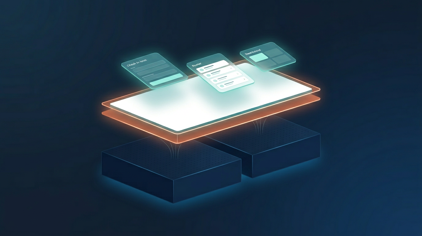Three-tier architecture: two platform blocks at the base, the luminous Civium layer hovering above with terracotta edges, and simple interface cards floating at the top.