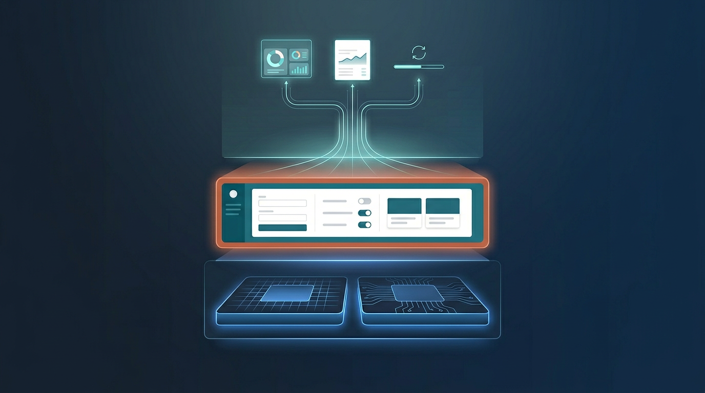 Vertical stack: foundation platforms at the bottom, the Civium layer with form fields and controls in the middle, output streams branching upward to dashboard, report, and sync indicators.